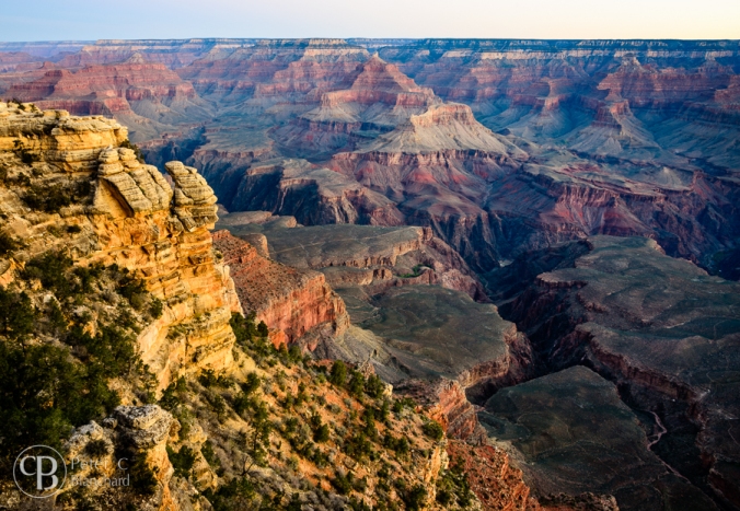 The first morning light reflecting the many colors of the canyon.